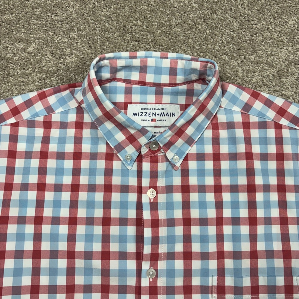 Mizzen+Main Leeward Trim Fit Short Sleeve Performance Shirt XL Red Blue Gingham